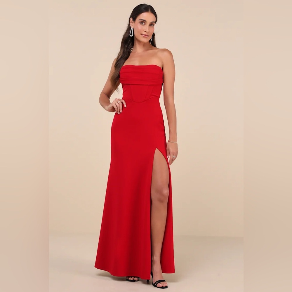 Lulus Spellbinding Allure Red Bustier Strapless Mermaid Maxi Dress Small